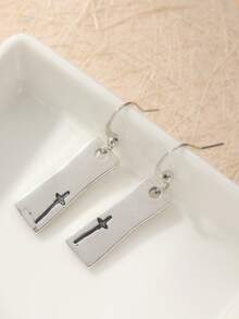 哥特式十字架雕刻方形吊坠耳环，手工饰品，女士饰品，适合旅行和度假佩戴，朋友生日礼物 - 復古銀色 - 查看 3