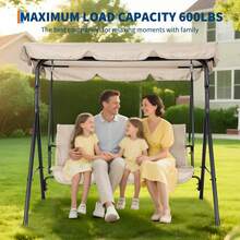 Color Caqui Columpio de Jardín de 3 Plazas con Dosel Ajustable, para Jardín y Patio - Tres asientos - Ver 1