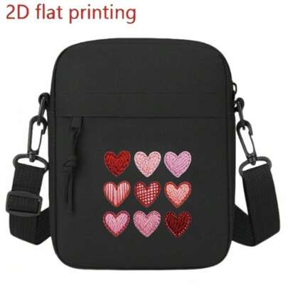 Valentine's Day Heart Crochet Yarn 2D Print Pattern Crossbody Bag, With Adjustable Shoulder Strap - Multi-Compartment Everyday Commute & Outing Shoulder Bag, Zipper Closure, Easy To Clean Black Exterior, Perfect Gift For Partner, Wife, Girlfriend