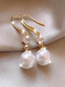 925 Silver White Pearl Zirconia Earrings Gold Silver Retro Valentine Party Gift Box - Gold - View 5
