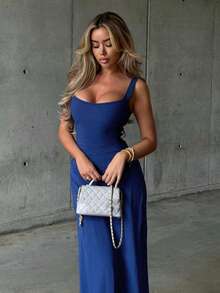 Robe élégante sans manches, couleur unie, fête d'été - Bleu azur - Voir 8