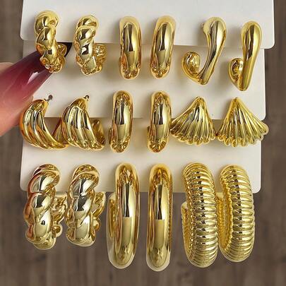 18pcs/Set Minimalist Gold CCB Earrings Combo, Shell Heart Decor Earring Set, Suitable For Women, Jewelry Gift