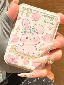 1pc Pink Magnetic Cartoon Cute Phone Case With Butterfly & Rabbit + Magnetic PU Leather Card Holder, TPU Shockproof Protective Cover For IPhone11/12/13/14/15/16/17/PROMAX - Pink - View 3