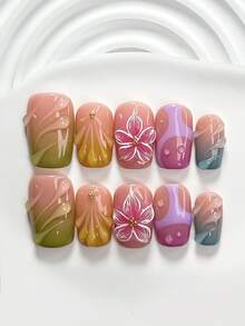 10片装甜美酷炫多巴胺风格美甲套装，亚克力美甲贴纸，手绘五瓣渐变粉色花朵美甲装饰，纯色水波纹、蓝色、紫色、黄色、绿色，手绘紫色岔路图案，明亮活泼的美甲，适合女士和女孩，包含美甲工具（1张果冻贴纸+1个指甲锉），3种尺寸：方形、杏仁形、短矩形，手工按压式美甲贴片 - 彩色 - 查看 11