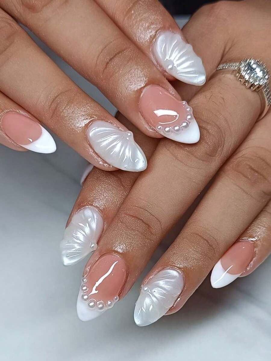 24pcs Press On Fake Nails White French,Pearl Sticker Diamond Nails Supplies Art Perfect For Everyday Wear - Multicolor - View 1