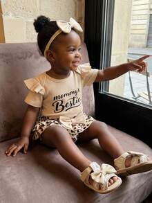 Conjunto de verano para niña pequeña, mono bonito de manga corta con estampado de letras, falda pantalón con estampado de leopardo y diadema, conjunto de 3 piezas, ropa bonita para uso diario, ideal para 0 a 18 meses. - Albaricoque - Ver 5
