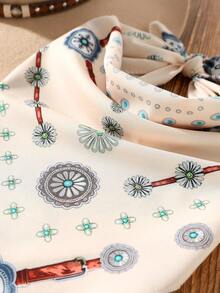 1pc Women's Fashion Western Pattern Bohemian Style Satin Scarf, Neckerchief, Headscarf, Versatile Ladies' Accessory Scarf, Made Of Polyester, Suitable For Daily Fashion Matching - White Small Size - View 2