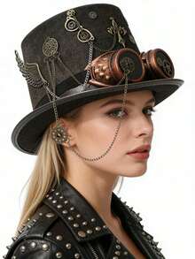 1pc Women Steampunk Hat, Solid Color Wide Brim Decorated With Metal Eyeglasses, Teeth, Chain, Felt Round Crown Costume Party Hat, Unisex Design - Multicolor - View 26