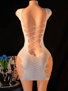 Women's Sexy Lingerie Rhinestone Strappy Hollow Out Dress Erotic Stretchy Slim Fit Mini Dress Intimate Club Party Date Outfit - White - View 2