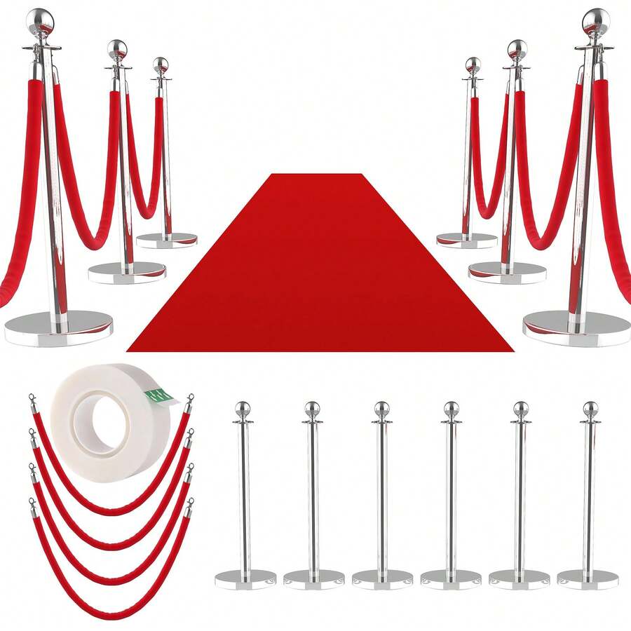 Paquete de 6 postes y cuerdas de terciopelo con alfombra roja de 7,9 m, postes de acero inoxidable de 1,5 m y cuerdas de terciopelo para control de multitudes, bodas, eventos y decoración de fiestas. - Plateado - Ver 1