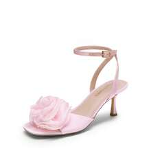 Women Kitten Hee Wedding Heeled Sandals Ankle Strap Square Open Toe Heeled Sandals Flower Dress Shoes For Spring Wedding Party Prom Wearing - 粉色 - 查看 3