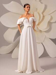 Elegant Deep V-Neck Off-Shoulder Bowknot Lace Trim Maxi Wedding Dress For Bride - White - View 2
