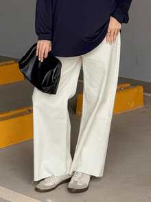 DAZY Solid Color Wide Leg Jeans With Slanted Pockets And Frayed Hems, Suitable For All Seasons - White - View 8
