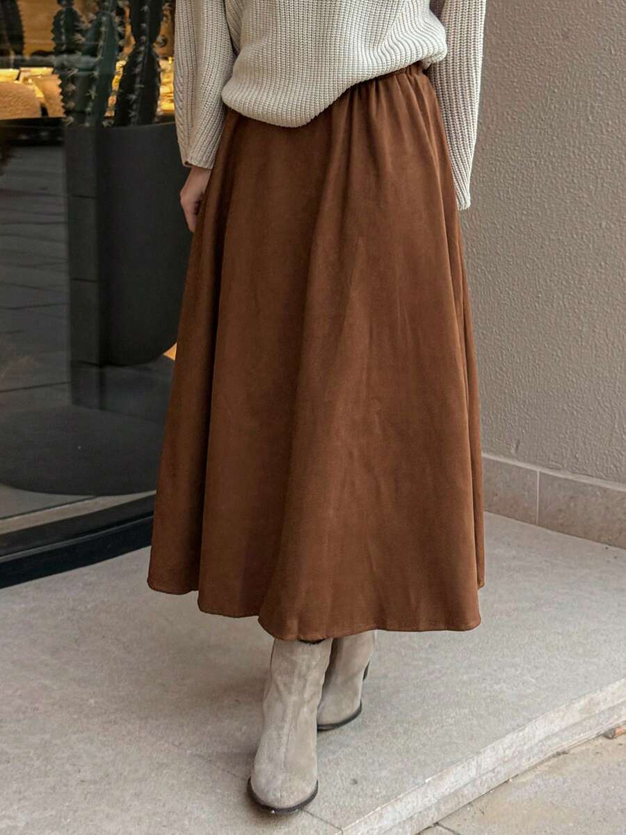 Livesso 纯色弹力腰喇叭裙 - 棕色 - 查看 1