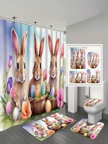 Easter Bunny Cartoon Shower Curtain Set, 1/3/4 Pcs, Waterproof Polyester Bathroom Decor With Hooks, Non-Slip Rug, U-Shaped Mat, Toilet Lid Cover, Lightweight Woven Art Partition, Suitable For All Seasons, Easy To Clean - Easter Home Accessories - A - View 20