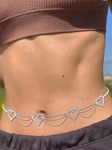 New European & American Style Valentine's Day Full-Rhinestone Heart Waist Chain, Stylish Sexy Beach Rhinestone Body Chain For Women | Body Chain - Silver - View 1