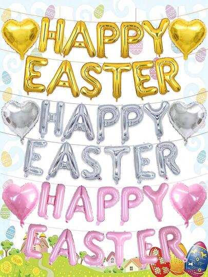 13pcs 16-Inch HAPPY EASTER Letter Balloons Banner, 18-Inch Heart Foil Balloons Suitable For Easter Party, Holiday Decoration