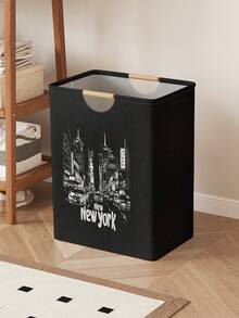 1pc Foldable Storage Basket With Car Print, Collapsible Laundry Hamper Bag With Wooden Handle, Home Bathroom Dirty Clothes Storage Bin - Multicolor - View 9