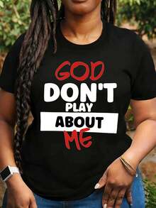 Women's Plus Size Christmas God Don T Play About Me Funny Graphic Print T-Shirt Pure Cotton Casual Round Neck Versatile Top Gift Recommendation For Daily Wear Party And Holiday Outfits - 黑色 - 查看 1