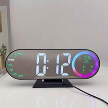 1pc Fashion Mirror LED Ambient Alarm Clock. Adjustable 10 Colors. Displays Time, Date, Day, Humidity And Temperature. Suitable For Bedroom Or Study, Also Can Be Used As Gift. - Multicolor - View 7
