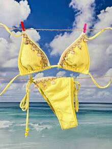 Women's Sexy Halter Backless Tassel Bikini Set, Suitable For Beach Vacation, Spring/Summer/Autumn - Yellow - View 1