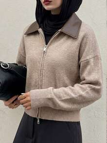 Livesso 女式休闲PU拼布拉链开衫，秋季 - 卡其色 - 查看 4