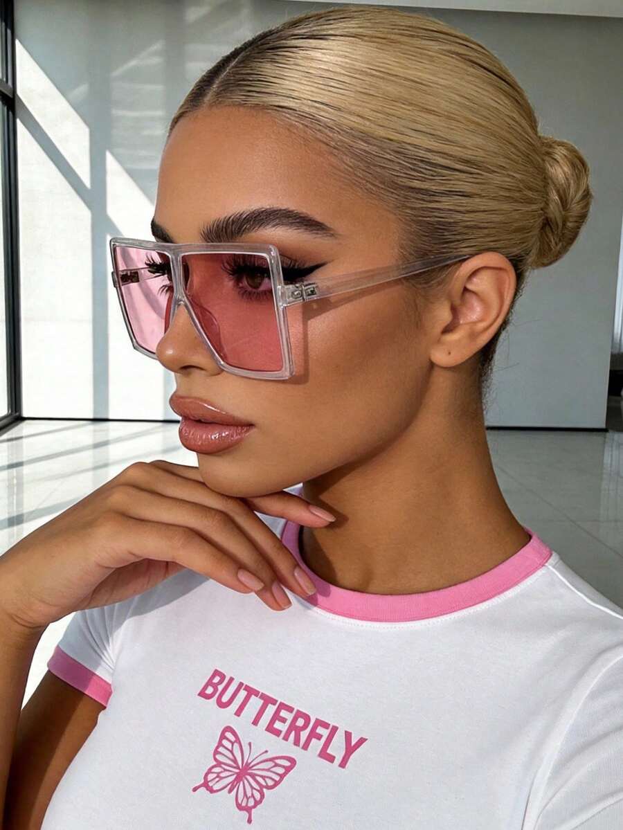 نظارة شمسية مربعة كبيرة الحجم عصرية، نظارات شخصية بطراز الشارع، إكسسوار متعدد الاستخدامات للشاطئ - وردي - مشاهدة 1