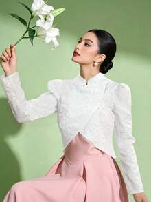 Women's Elegant Mandarin Collar Asymmetrical Design, Elegant 3D Floral Pattern Nyonya Style Traditional Top, White Blouse, Eid Clothes, Eid - White - View 4