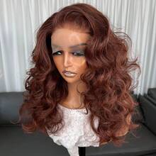 13x4 pouces Perruque synthétique à front de dentelle rouge-brun, 18 pouces de longueur moyenne avec frange ondulée, densité de 150% avec ligne de cheveux naturelle, convient pour la mode, les fêtes, les vacances, le maquillage et le port quotidien pour les femmes - Surligner le rouge - Voir 13