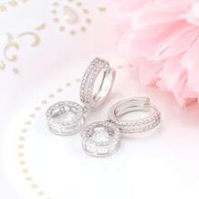 925纯银立方氧化锆耳环，圆形吊坠耳环，适合女性佩戴，低过敏性，日常佩戴，生日礼物 - 銀色 - 查看 5