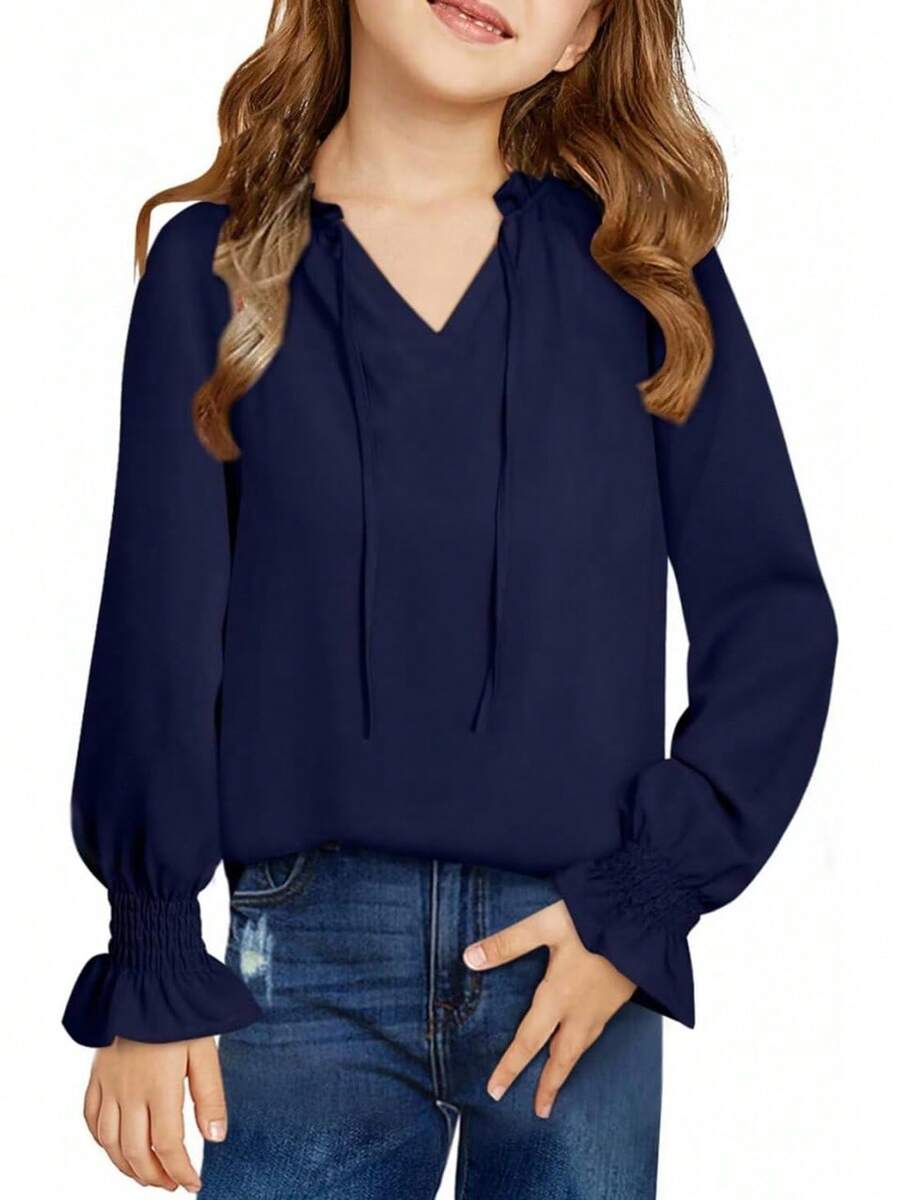 Teen Girls' Casual Blouse - V-Neck Chiffon Shirt With Smocked Cuffs And Long Sleeve - Màu xanh hải quân - Xem 1
