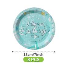 绿色背景银色气球生日快乐一次性餐盘、餐巾纸、杯子套装，派对用品，可供8位客人使用，一次性纸盘，派对餐具，适用于生日、婚礼、主题派对、家庭野餐 - 彩色 - 查看 10