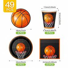 Black & Orange Basketball Design Disposable Plate, Napkin, Cup Set, Serves 8 Guests, Suitable For Birthday, Wedding, Theme Party, Family Picnic - Multicolor - View 2