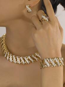 1/Set Fashion Women Crystal 18k Gold Plated Dubai Jewelry Sets Necklace African Bridal Wedding Earrings Ring Bracelet Jewelry Accessories - Gold - View 8