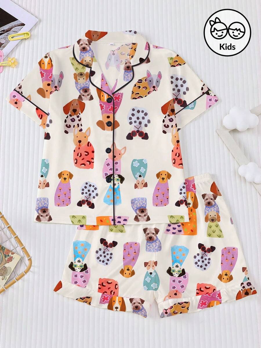 2pcs Tween Girl Pajama Set, Cute Colorful Dog Print Design, Loose Fit Short Sleeve Shorts, Casual Outfit With Turndown Collar Cardigan, Suitable For Boys And Girls, Everyday Wear, Sleepovers, Holidays