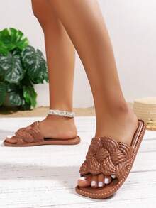 Women's Flat, Versatile, Simple Woven Casual Slip-On Sandals, Comfortable, Soft, Vacation Style Open Toe Slippers - Brown - View 3
