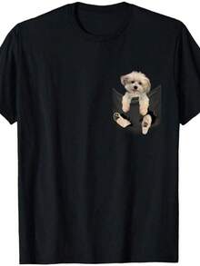 Havanese Dog Pocket T-Shirt, Cute Havanese Puppy Peeking Graphic, Crew Neck, Comfortable Cotton Tee For Casual Daily Wear, Available In Multiple Sizes - Black 3 - View 12