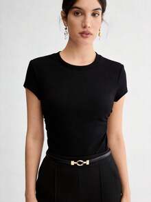 Women's Y2K Commuter Style Black Fitted T-Shirt, Round Neck Short Sleeve Basic Top, Stretchy Slimming Undershirt Casual Summer - Black - View 2