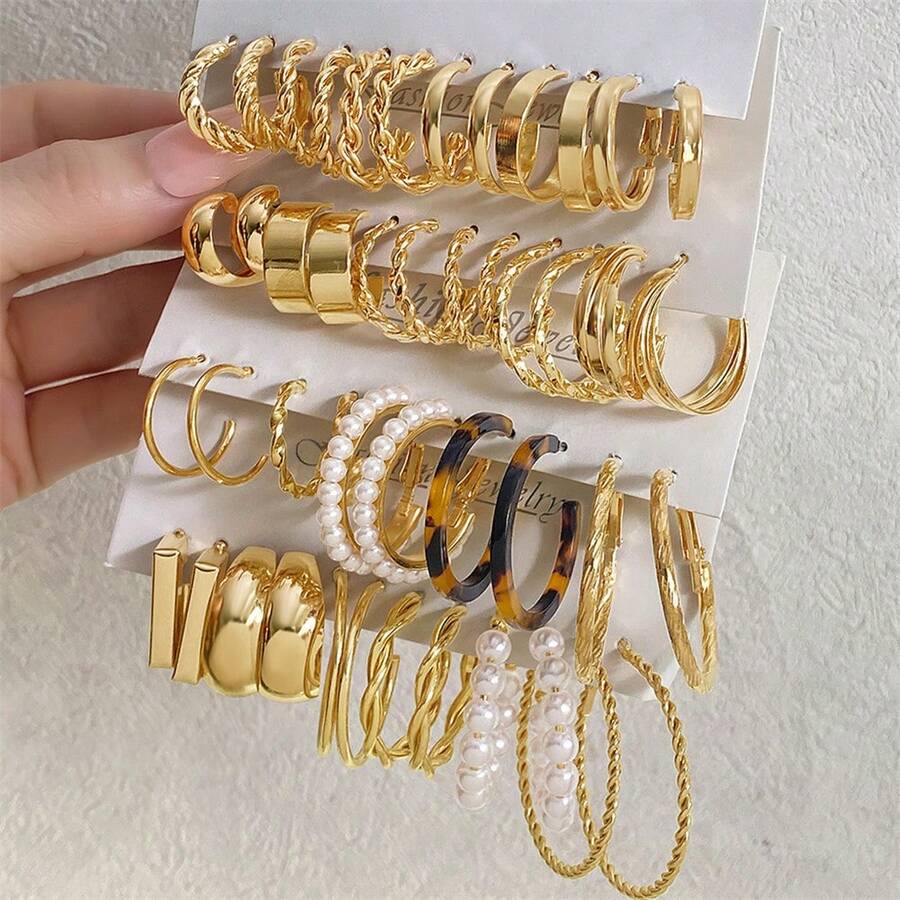 46件套极简主义金属几何耳环套装（女士款） - 金色 - 查看 1