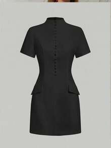 Vestido blazer elegante, casual de negócios, com cintura marcada, adequado para uso diário, escritório e deslocamentos. Preto, ideal para o verão. - Preto - Ver 10