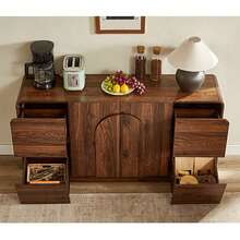 ONBRILL 60 Inch Sideboard With 4 Drawers, Curved Design Buffet Cabinet With Arched Doors & Adjustable Shelves, Mid Century Modern Accent Cabinet  For Living Room, Dining Room, Entryway, Black - Quả óc chó - Xem 4