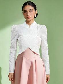 Women's Elegant Mandarin Collar Asymmetrical Design, Elegant 3D Floral Pattern Nyonya Style Traditional Top, White Blouse, Eid Clothes, Eid - White - View 2