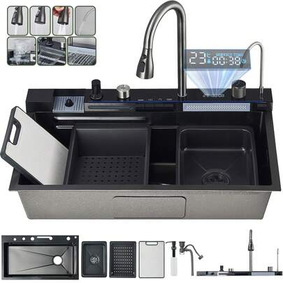 Kitchen Sink Faucet With Pull Down Kitchen Sink Faucet Digital Display Large Single Bowl Dish Above Counter Set With Plastic Cutting Board,Cup Washer,Pure Faucet