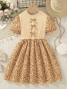 Girls' Casual Everyday Dress With Random Print Pattern, Decorative 3D Bow Design, Umbrella Sleeves, Knee-Length, Suitable For Spring And Summer - Apricot - View 2