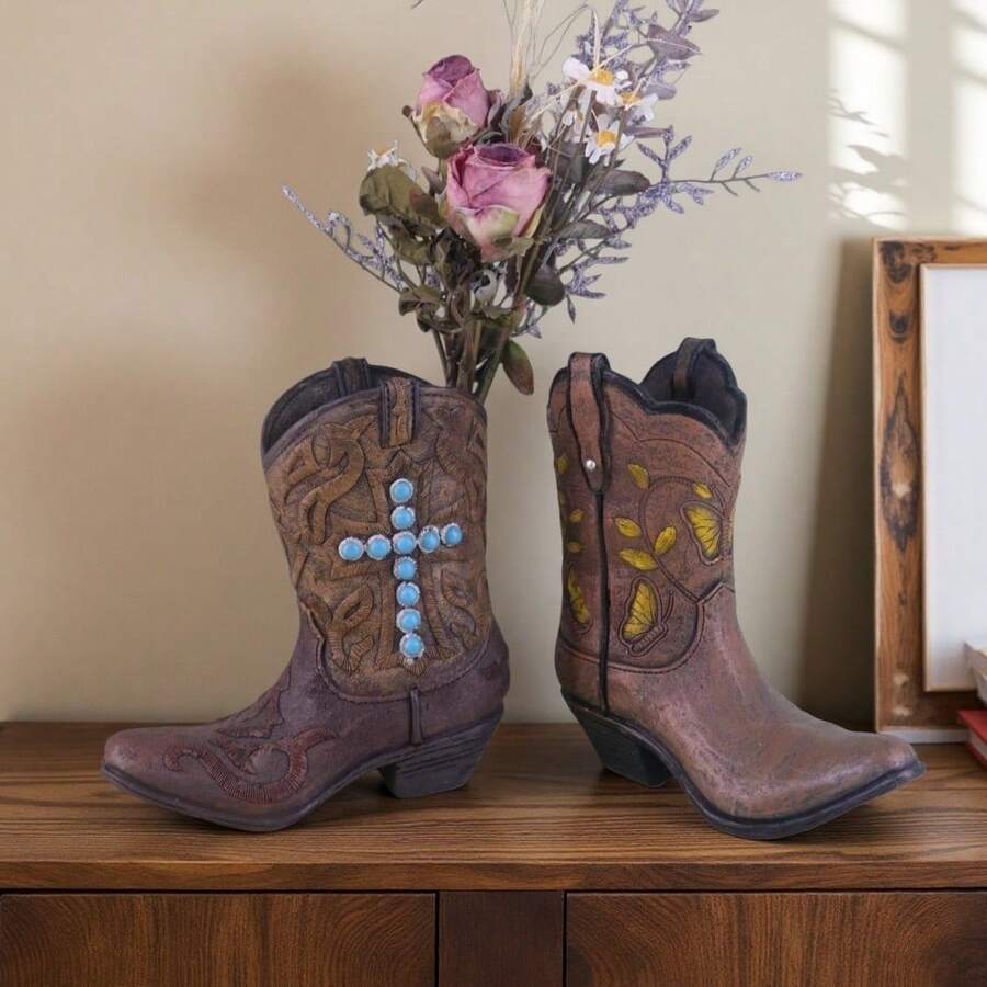 1pc Retro Cowboy Boot Vase - Handmade Resin Decorative Item - Hydroponics Flower Display Container, Suitable For Indoor/Outdoor Home Decor, Living Room, Balcony, Garden - Cowboy Style Home Decor, Balcony Decor/Decorative Accessories, Interior Designer, Vintage Style/Room Decor, Flower Vase - 1PC - View 1