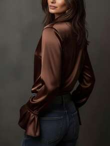 Blusa de mujer casual, suelta y elegante, de cuello alto, manga larga, versátil para uso diario y para ir al trabajo, con mangas acampanadas, abotonada, para primavera - Café integral - Ver 2