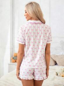 2 piezas Conjunto de pijama con estampado de moño rosa para mujer, top de manga corta con volantes y shorts - Rosa - Ver 5
