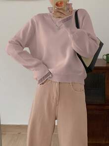 女士秋冬荷叶边高领毛衣 - 粉色 - 查看 3