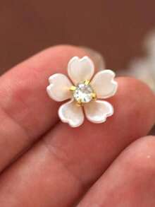 50pcs/Bag, 14mm 5-Petal Crepe Myrtle Flowers, Gold Base Claw Set Rhinestone Resin Flowers, Pearls Without Holes, For Clothing Decoration BOKL - White - View 4