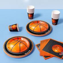 Black & Orange Basketball Design Disposable Plate, Napkin, Cup Set, Serves 8 Guests, Suitable For Birthday, Wedding, Theme Party, Family Picnic - Multicolor - View 5